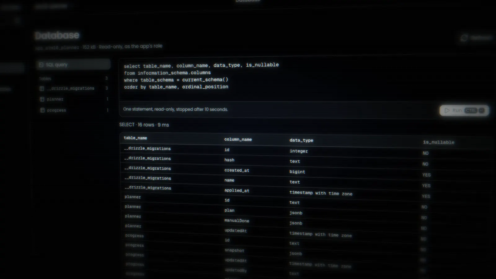 The database browser with a read-only SQL query and its results
