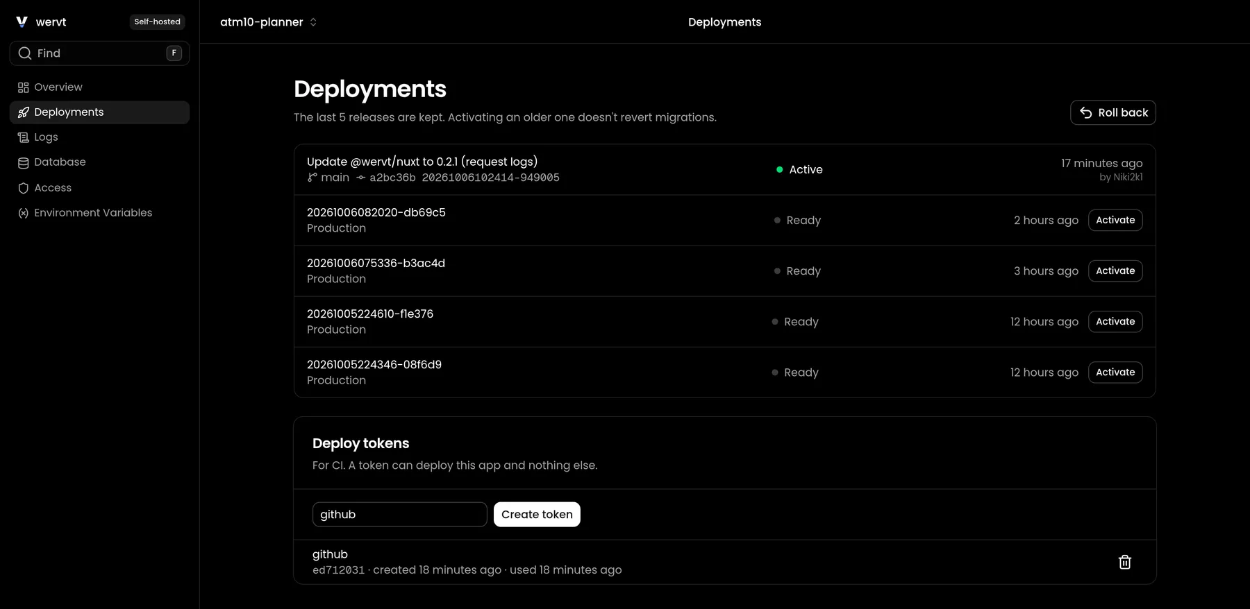 The wervt dashboard: an app's deployments with commit, branch and author